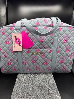 Betsy Johnson Quilted Travel Tote Bag Pink Cherry Hearts and Bows Coquette